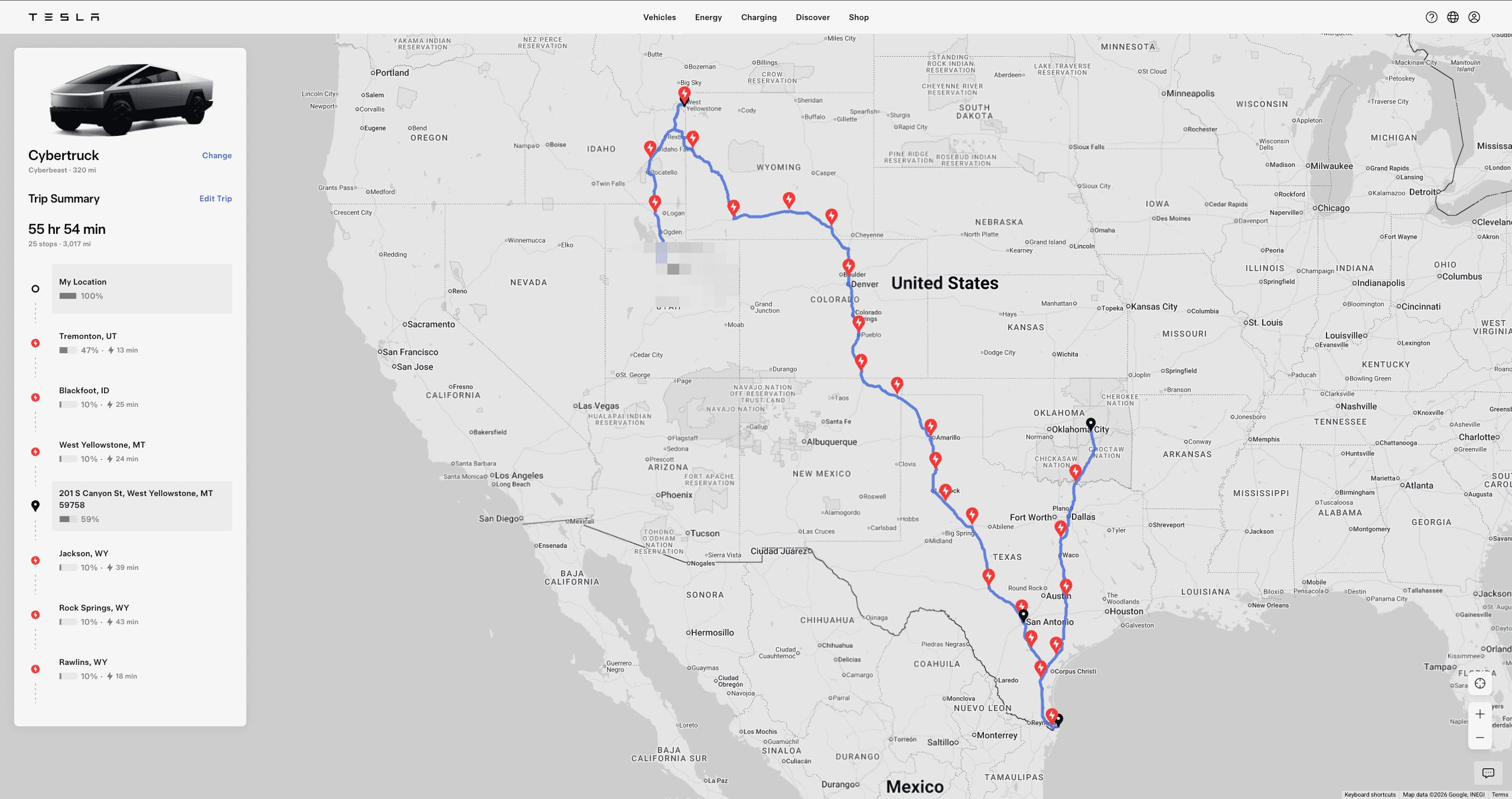 Tesla trip-planner map for leg 1: Southern Plains + Northern Rockies