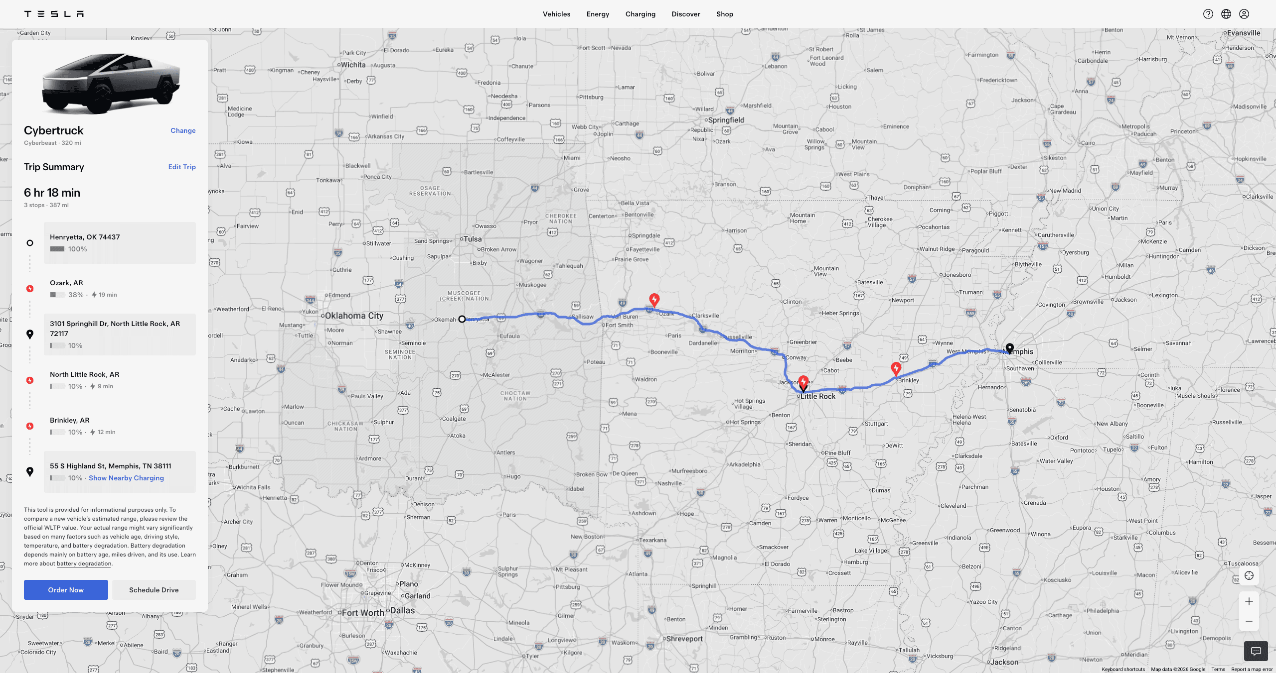 Tesla trip-planner screenshot for leg 02: Oklahoma → Memphis — 387 miles, 3 Supercharger stops