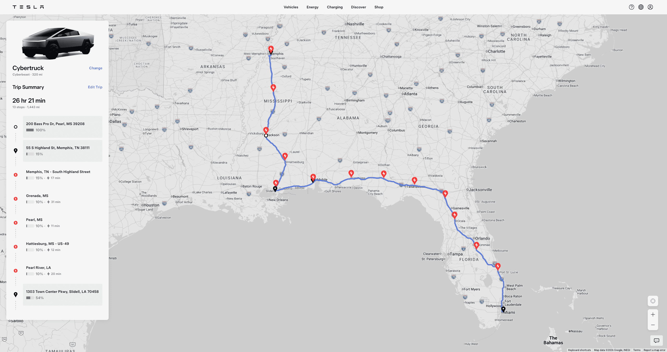 Tesla trip-planner screenshot for leg 03: Gulf / Miami Corridor — 1,443 miles, 13 Supercharger stops