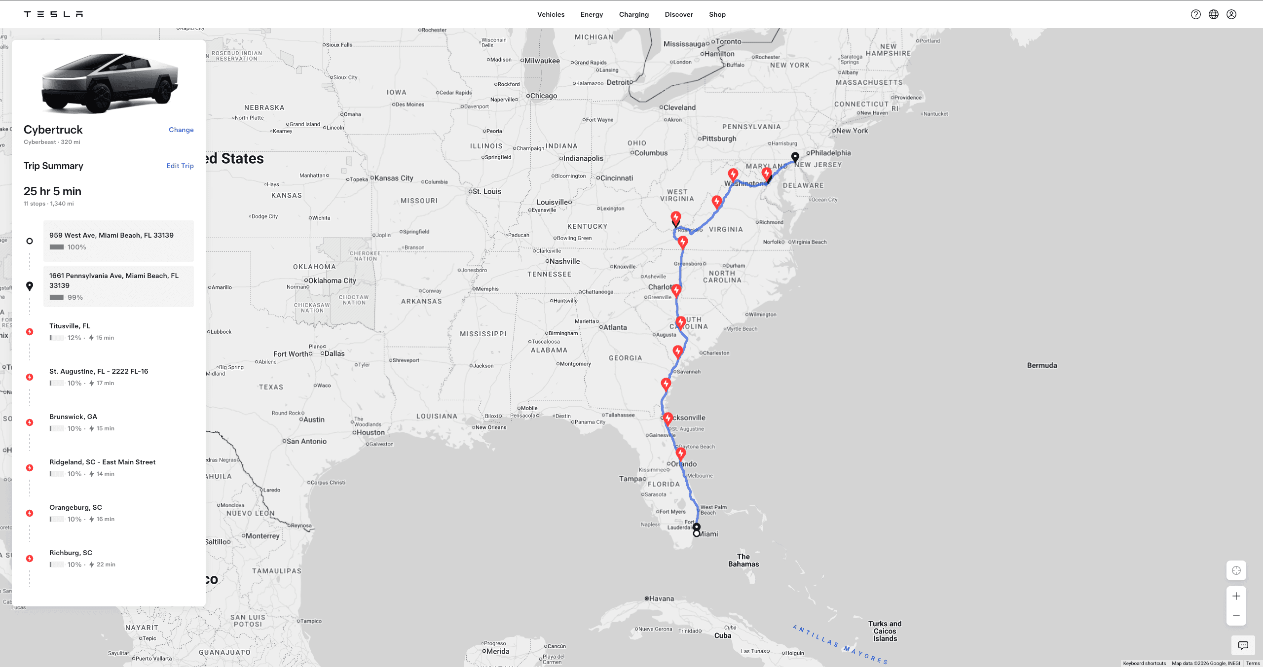 Tesla trip-planner map for leg 4: East Coast — Miami Beach North
