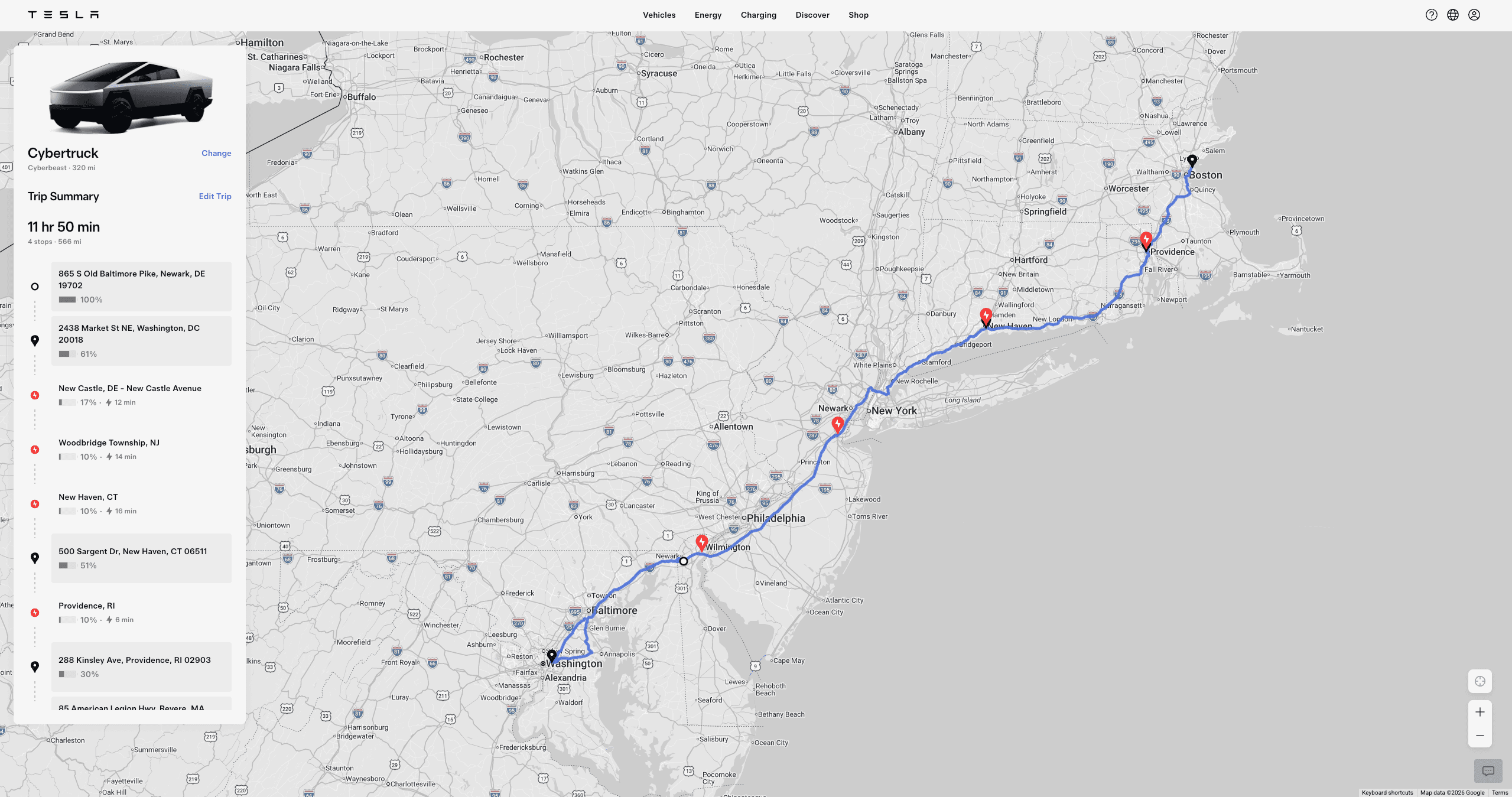 Tesla trip-planner screenshot for leg 05: Northeast Corridor — 566 miles, 4 Supercharger stops