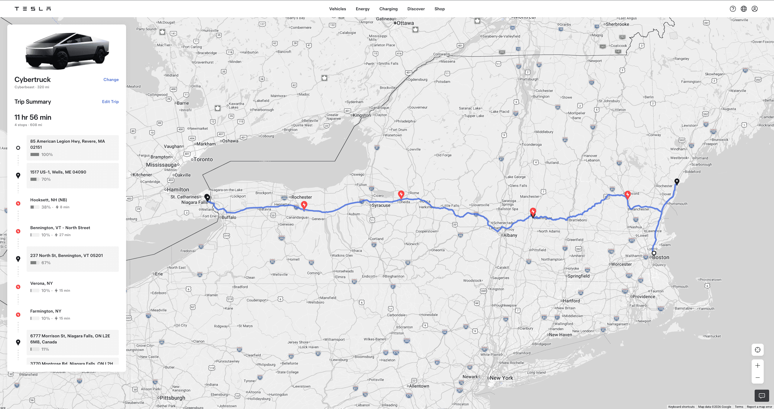 Tesla trip-planner map for leg 6: Niagara Falls → Boston