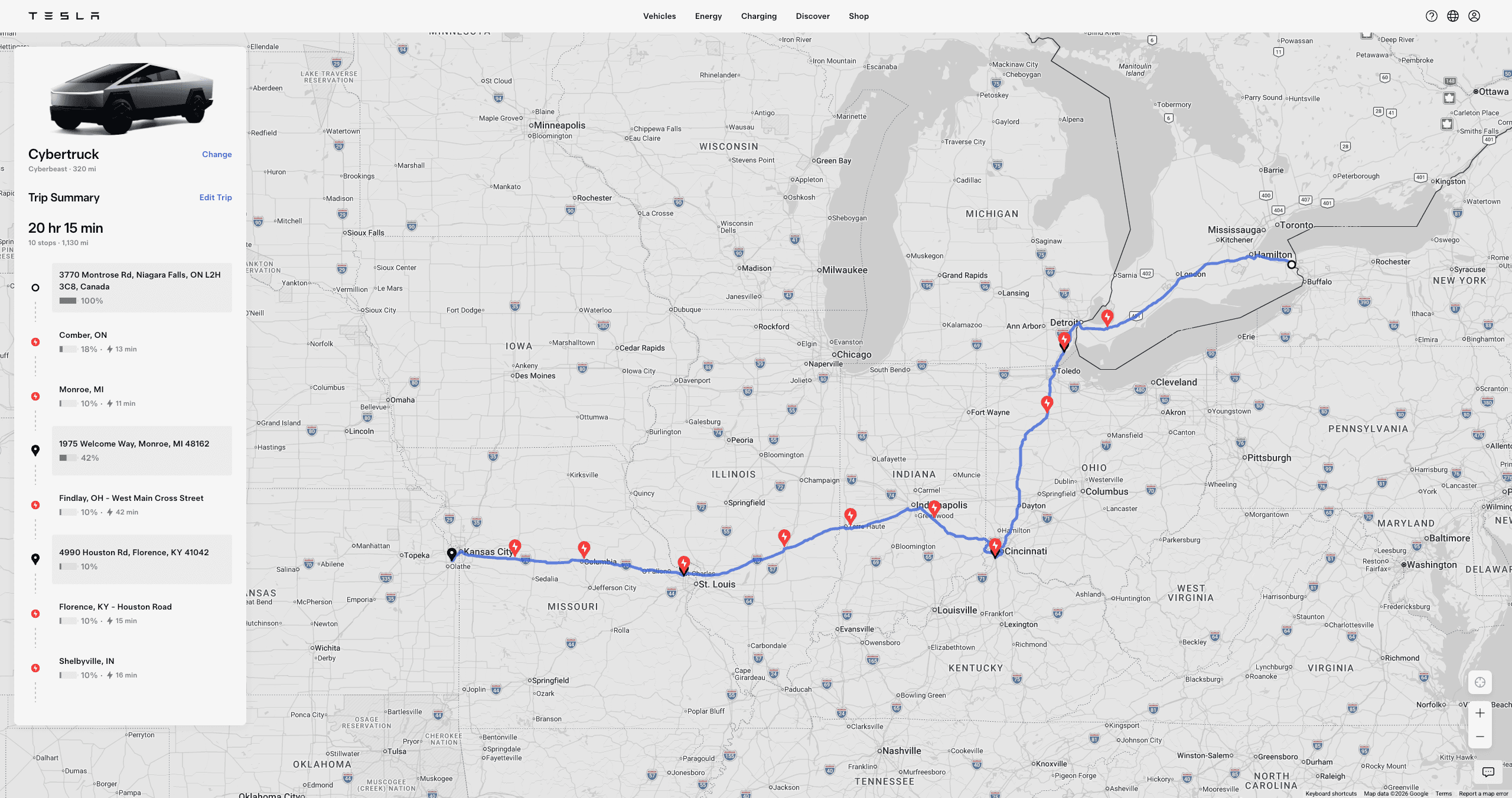 Tesla trip-planner screenshot for leg 07: Niagara → Kansas City — 1,130 miles, 10 Supercharger stops