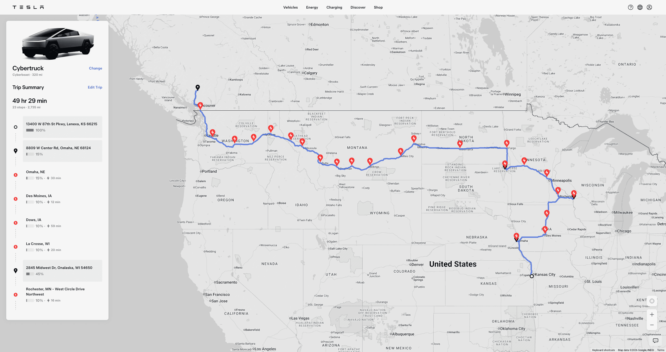 Tesla trip-planner screenshot for leg 08: Northern Tier — Vancouver → Kansas City — 2,735 miles, 23 Supercharger stops