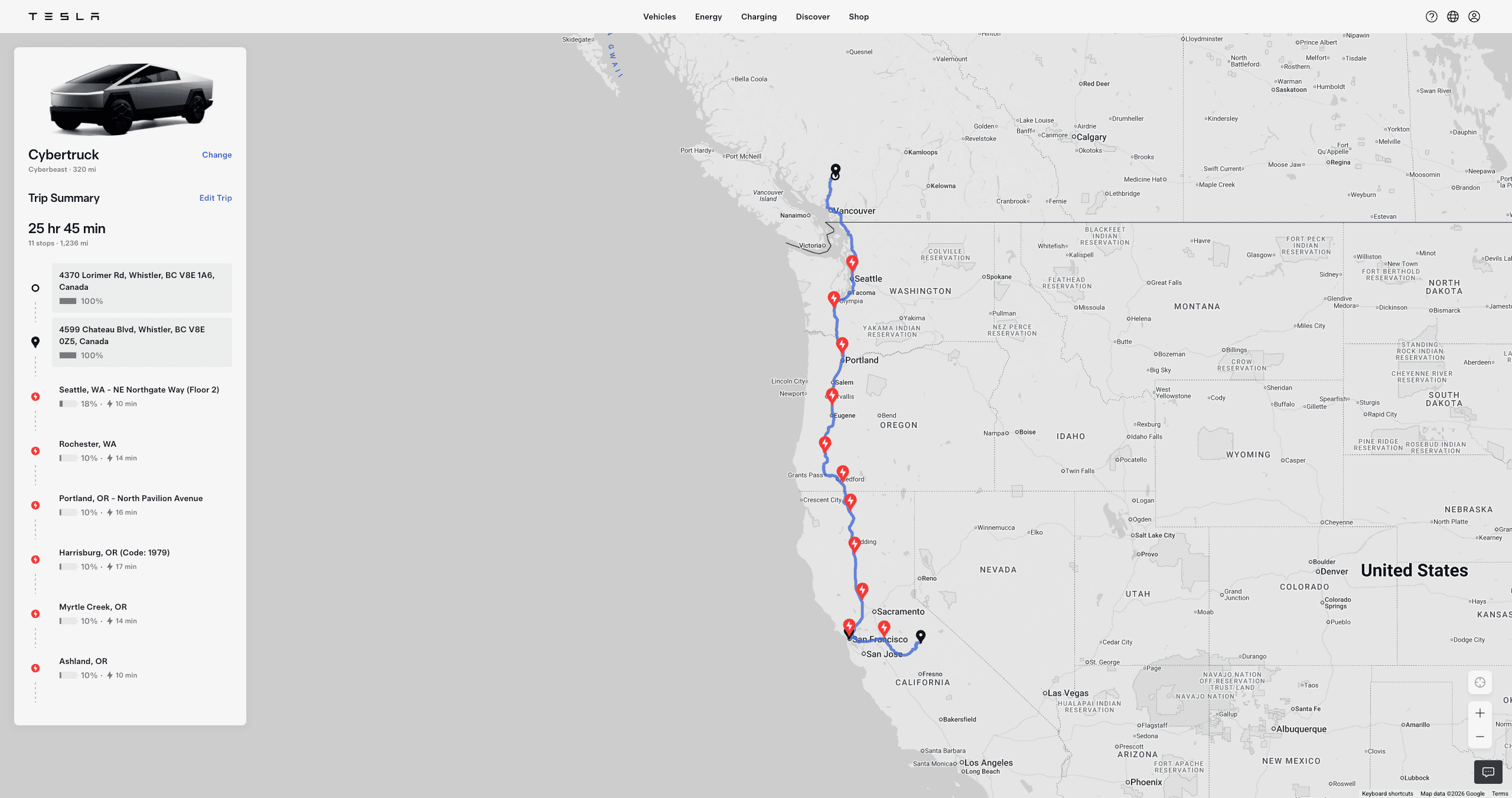 Tesla trip-planner screenshot for leg 09: Whistler → Bay Area — 1,236 miles, 11 Supercharger stops