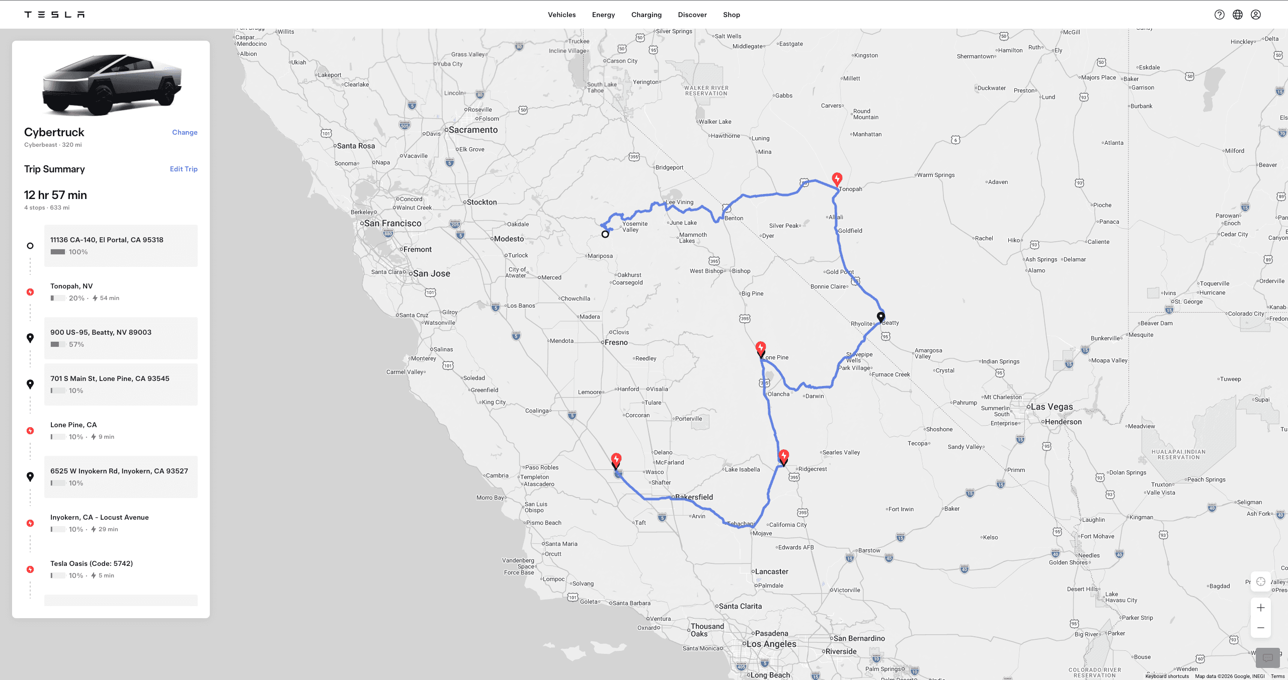Tesla trip-planner screenshot for leg 10: Yosemite / Nevada Desert — 633 miles, 4 Supercharger stops