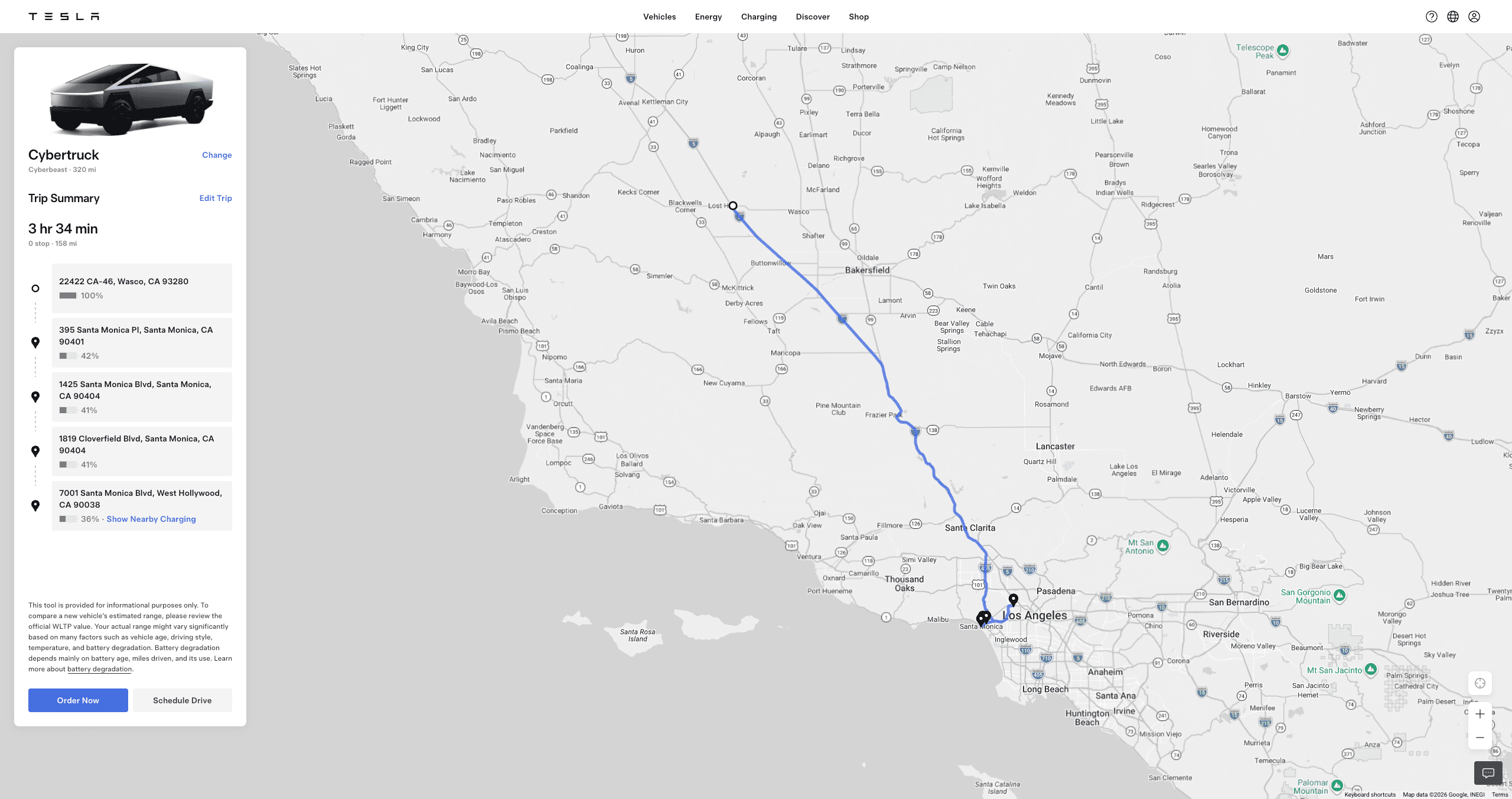 Tesla trip-planner screenshot for leg 11: Central CA → Santa Monica / West Hollywood — 158 miles, 0 Supercharger stops