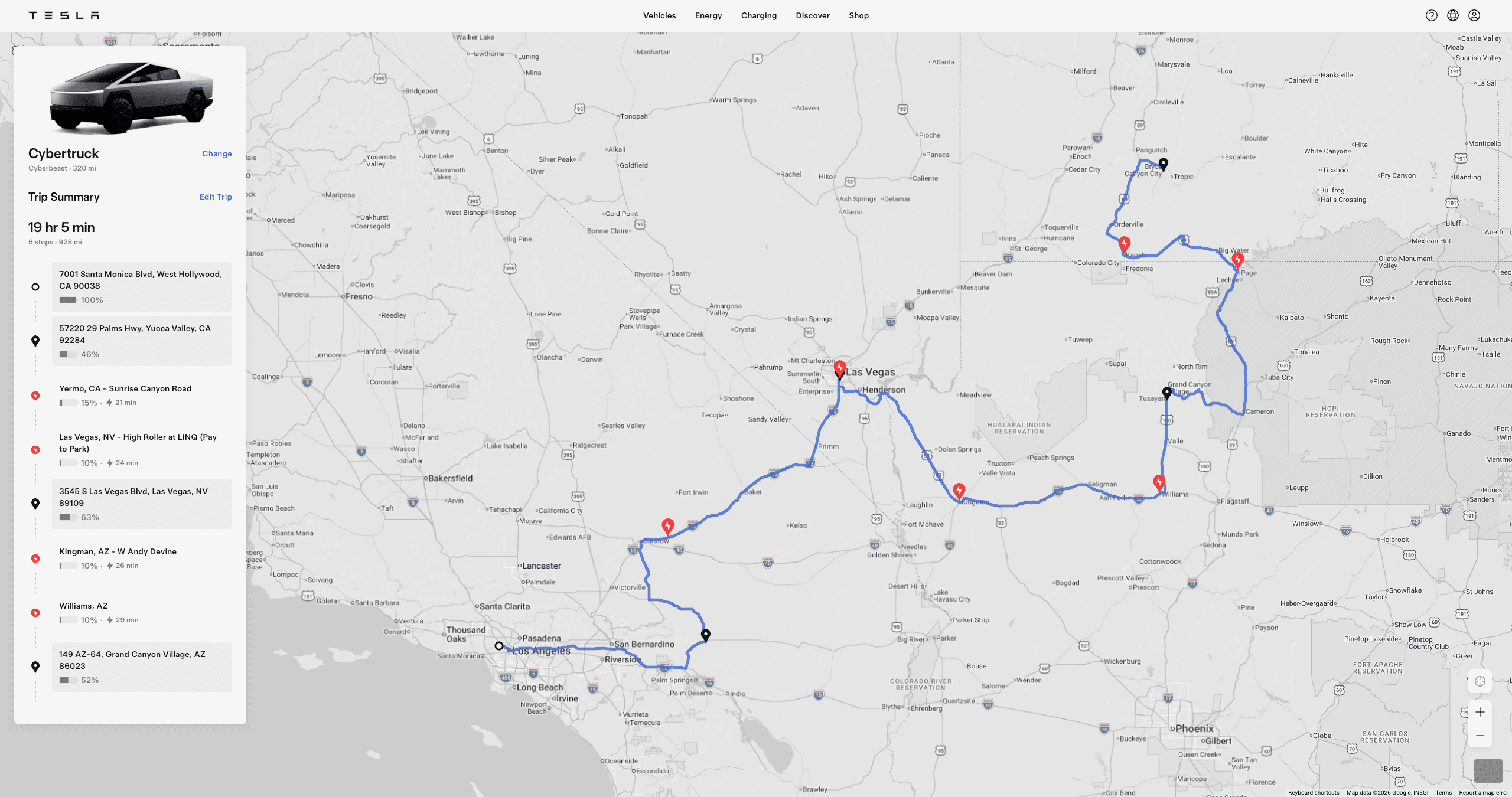 Tesla trip-planner screenshot for leg 12: LA → Vegas → Grand Canyon — 928 miles, 6 Supercharger stops