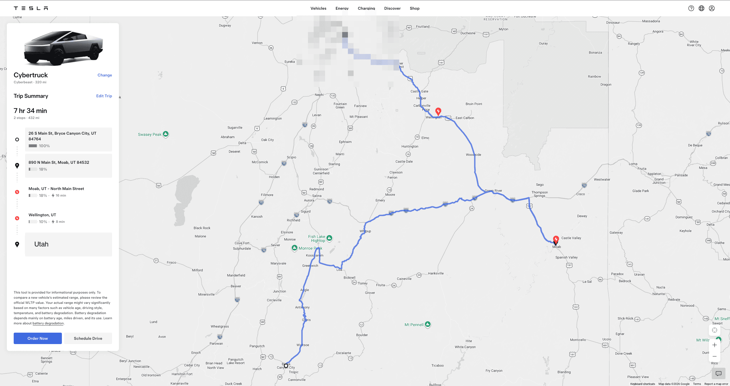 Tesla trip-planner screenshot for leg 13: Bryce + Moab → Finish — 432 miles, 2 Supercharger stops