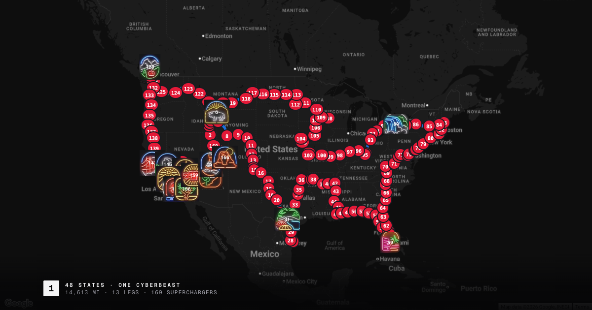 Contest route: 13 legs, 169 Superchargers, 14,613 miles, Provo to Provo.